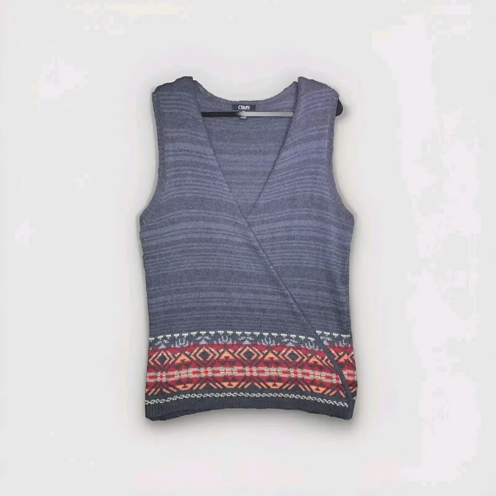 Chaps Denim Knit Vest Blue Aztec Southwestern Colorful Trim Women’s Size Large - Picture 1 of 11